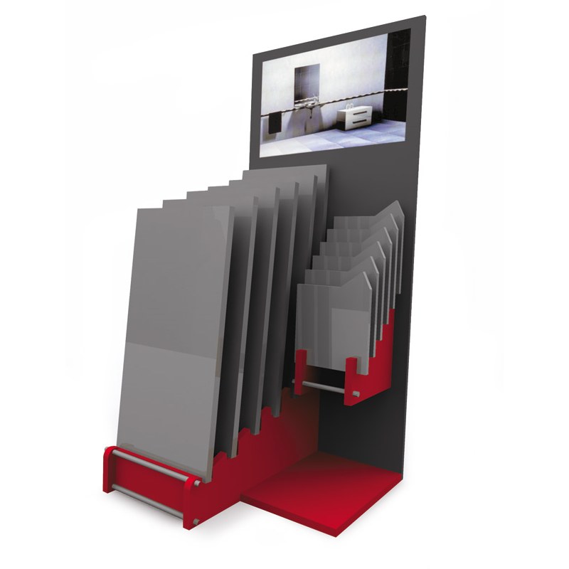 Expositor combinado en melamina grafito y lacado en rojo, con dos soportes para paneles/piezas, trasera con fotografía ambiente